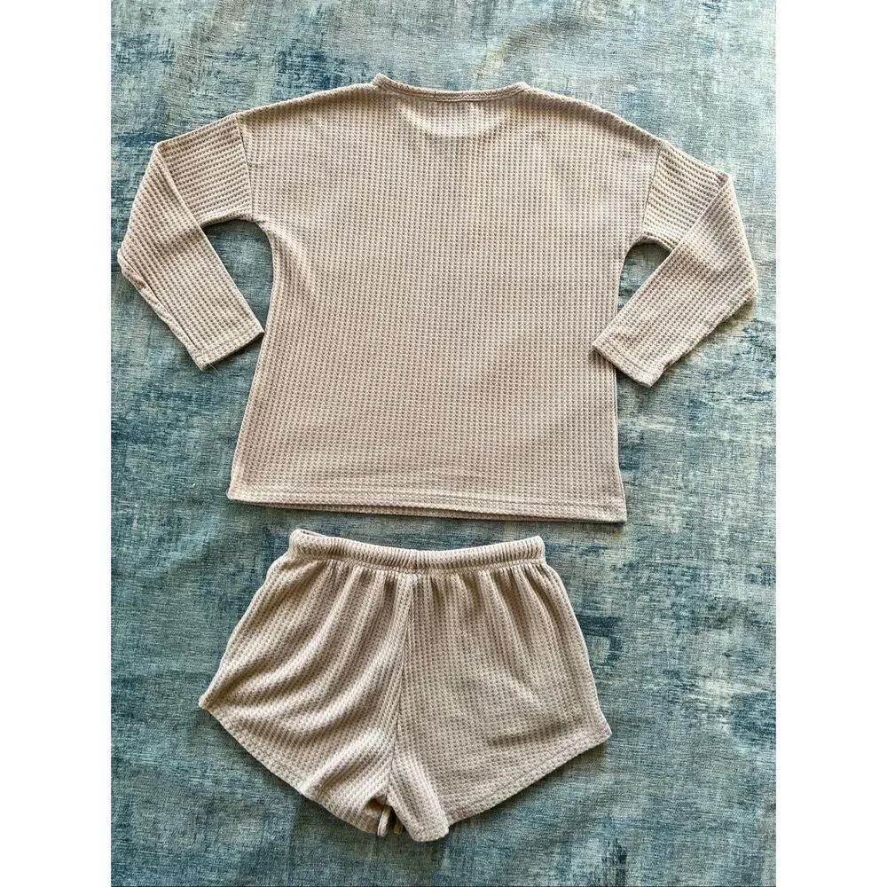 Ekouaer Mauve Beige Long Sleeve and Shorts Waffle Knit Pajamas Set Small